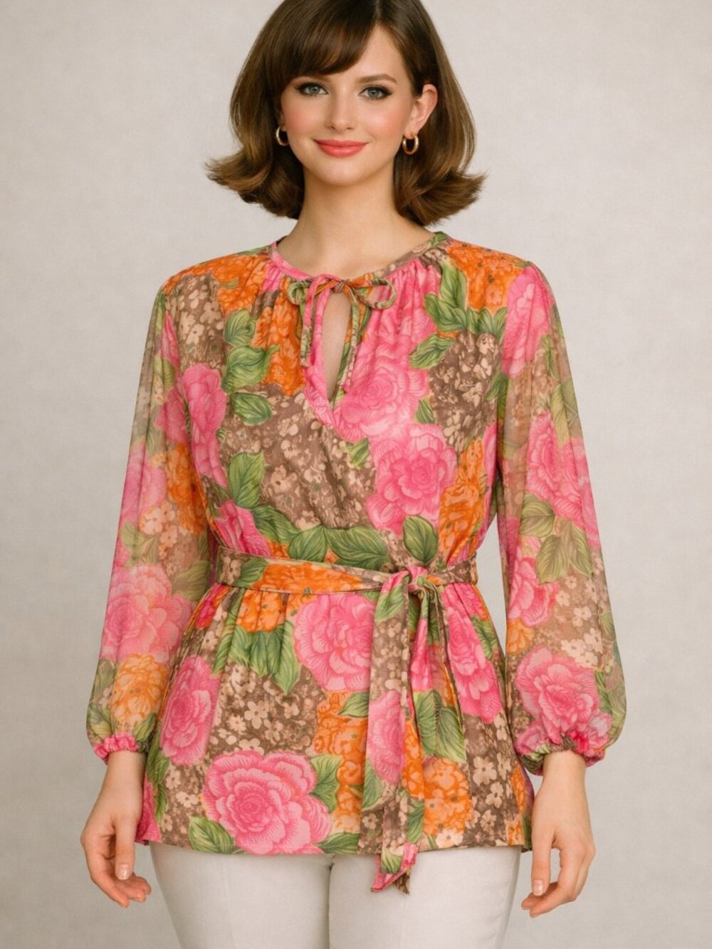 Edith Flagg  60’s Vintage Stunning Floral Women's Top Tie Neck Sheer Sleeves Med